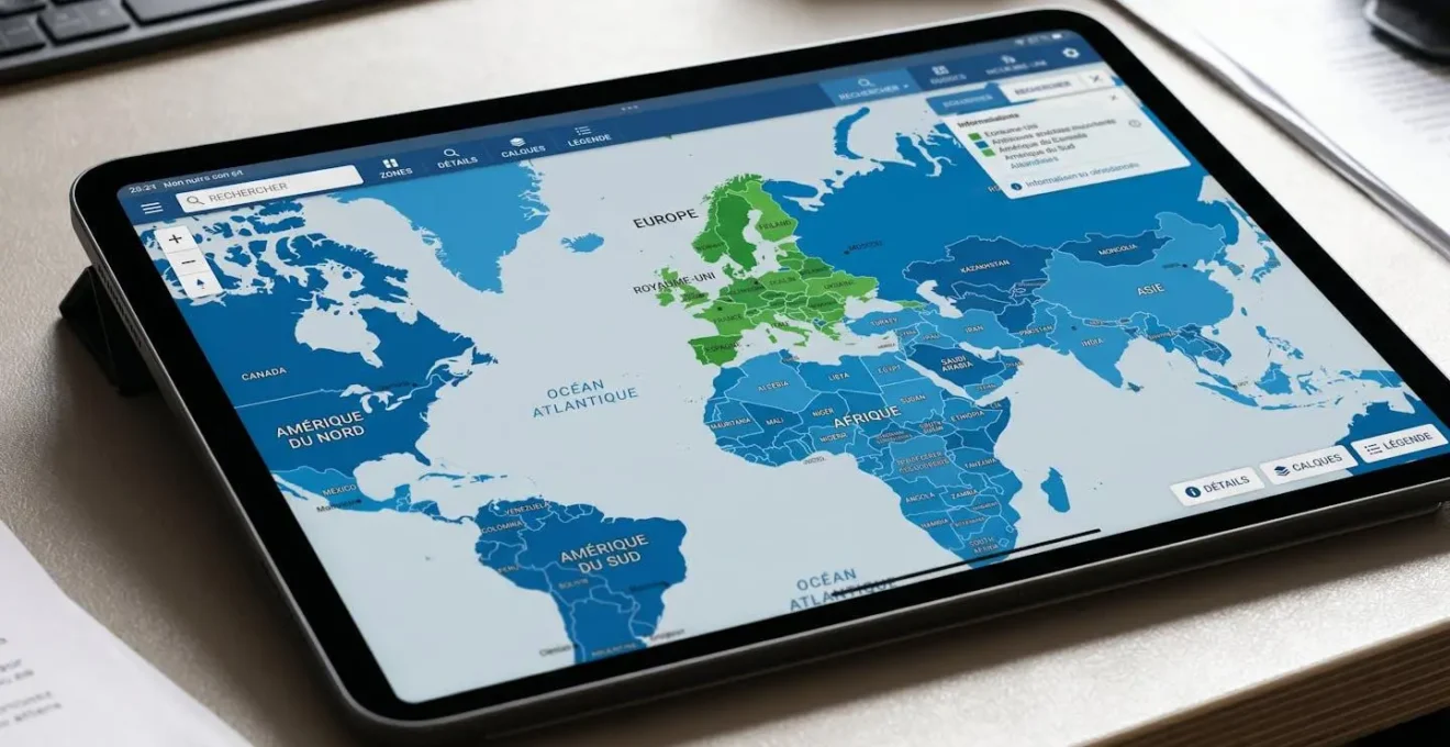 Tablette numérique affichant une carte interactive du monde avec zones géographiques colorées distinguant marchés européens et internationaux