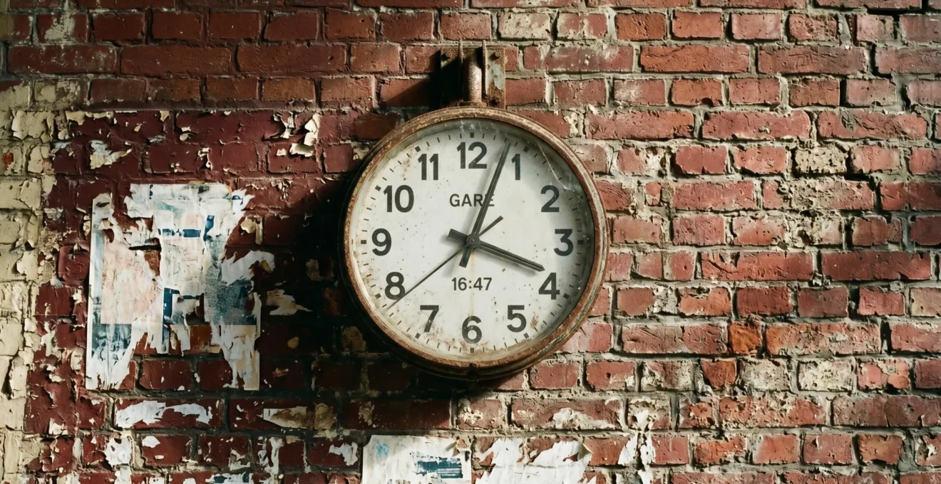 Horloge de gare vintage ronde indiquant 16h47, fixée sur un mur de briques anciennes patiné et écaillé, éclairée par une lumière latérale