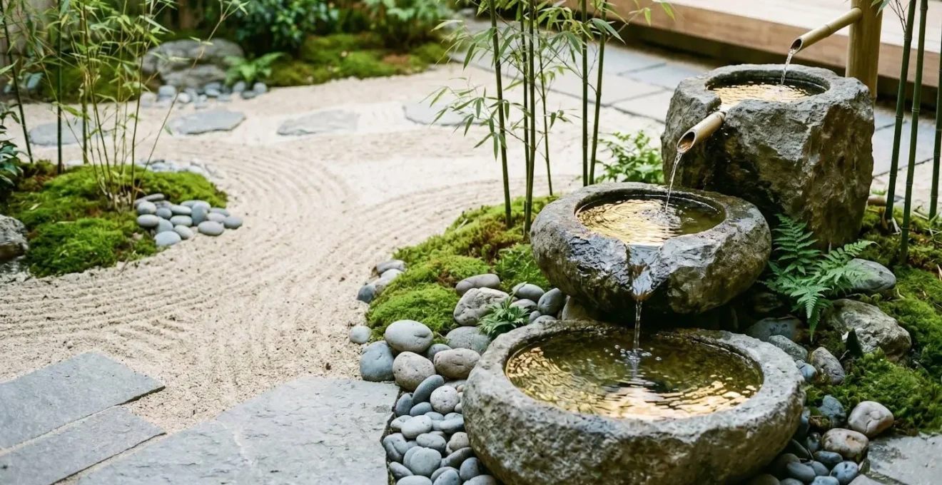 Jardin zen japonais avec trois bassins en cascade reliés par des écoulements d'eau, entourés de bambou et de mousse, sous une lumière matinale dorée