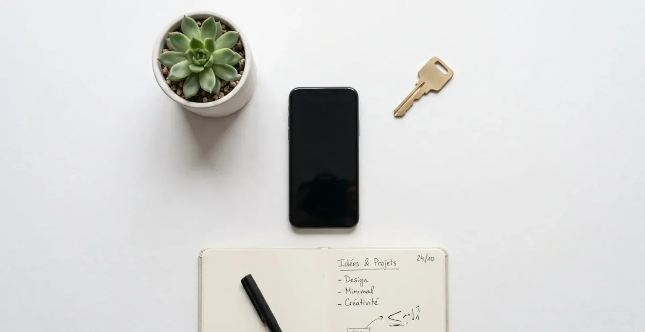 Vue du dessus montrant un smartphone moderne entouré d'une plante verte, d'une clé dorée et d'un carnet ouvert, sur fond blanc épuré