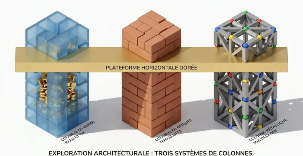 Illustration 3D isométrique montrant trois colonnes architecturales distinctes (verre bleu, briques terracotta, métal gris) soutenant une plateforme commune dorée