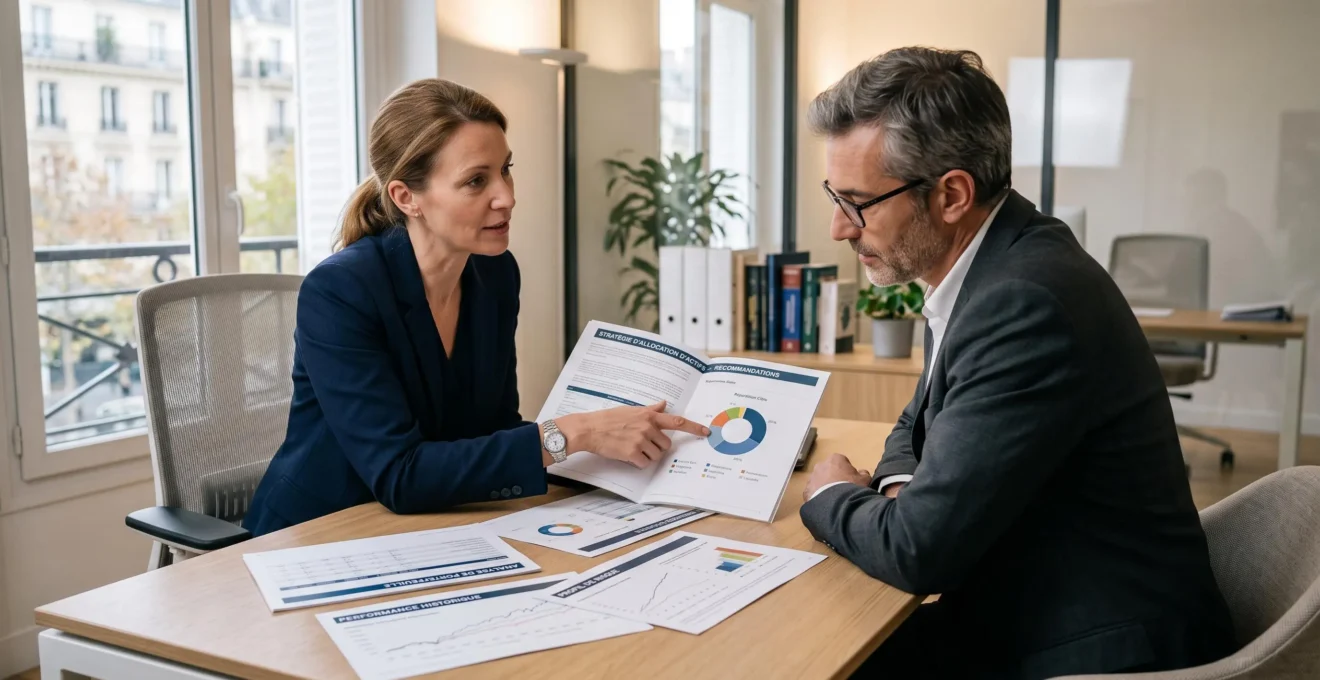 Conseiller financier expliquant une stratégie d'allocation d'actifs à un client lors d'une consultation en gestion de patrimoine