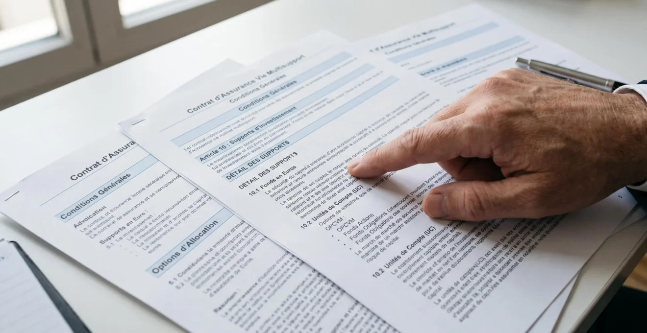Main pointant les différentes catégories de supports d'investissement sur un contrat d'assurance vie multisupport français